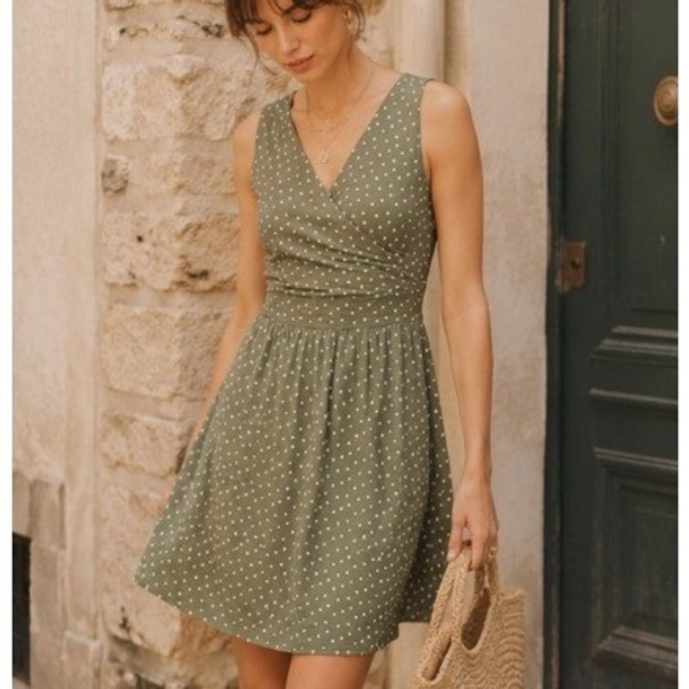 Polka Dot Green Wrap Midi Dress 0X‎ Feminine Dainty Cottage Twee Preppy Summer